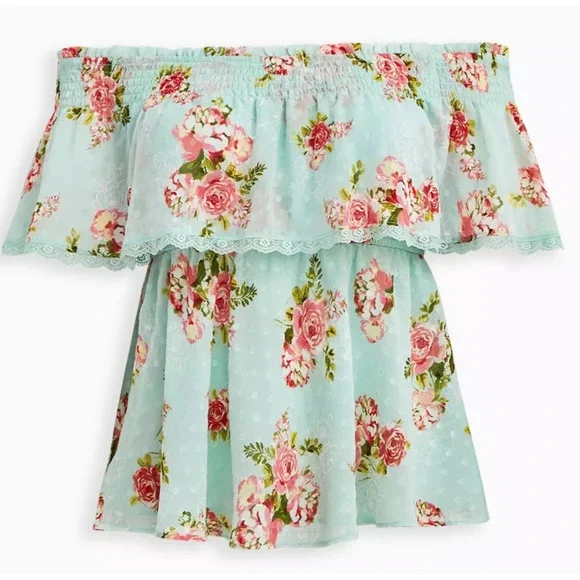 Torrid Off Shoulder Sheer Lace Swiss Dot Top Plus Size 2 2X Green Pink Boho Chic - Picture 8 of 10